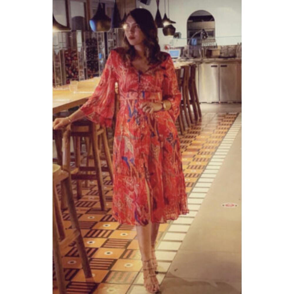 Zara Red Metallic Thread Printed Midi Dress size small Boho Resort - Picture 11 of 11